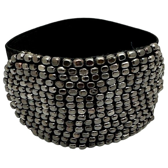 Wide Band Cube Beaded Stretch Bracelet Gunmetal Accents Black Elastic Band - Picture 1 of 7